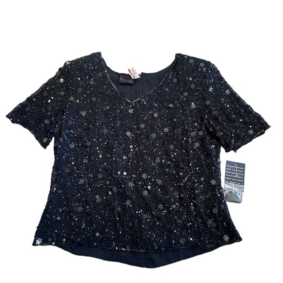 FRANK USHER Black Bead Sequin Top Short Sleeve Silk Cocktail Formal NWT Wmn 12 - Picture 2 of 16